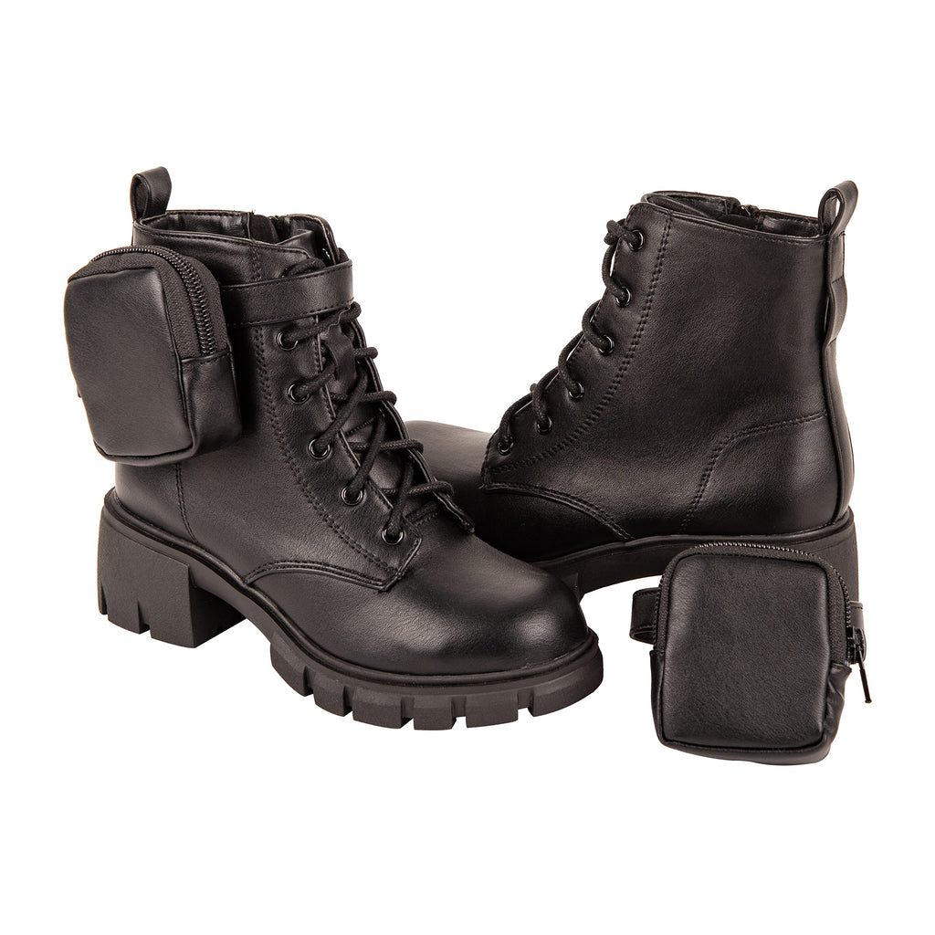 Girls' Lace-Up Combat Boots with Side Pocket
