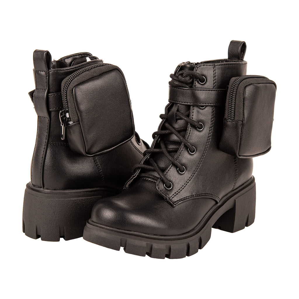 Girls' Lace-Up Combat Boots with Side Pocket